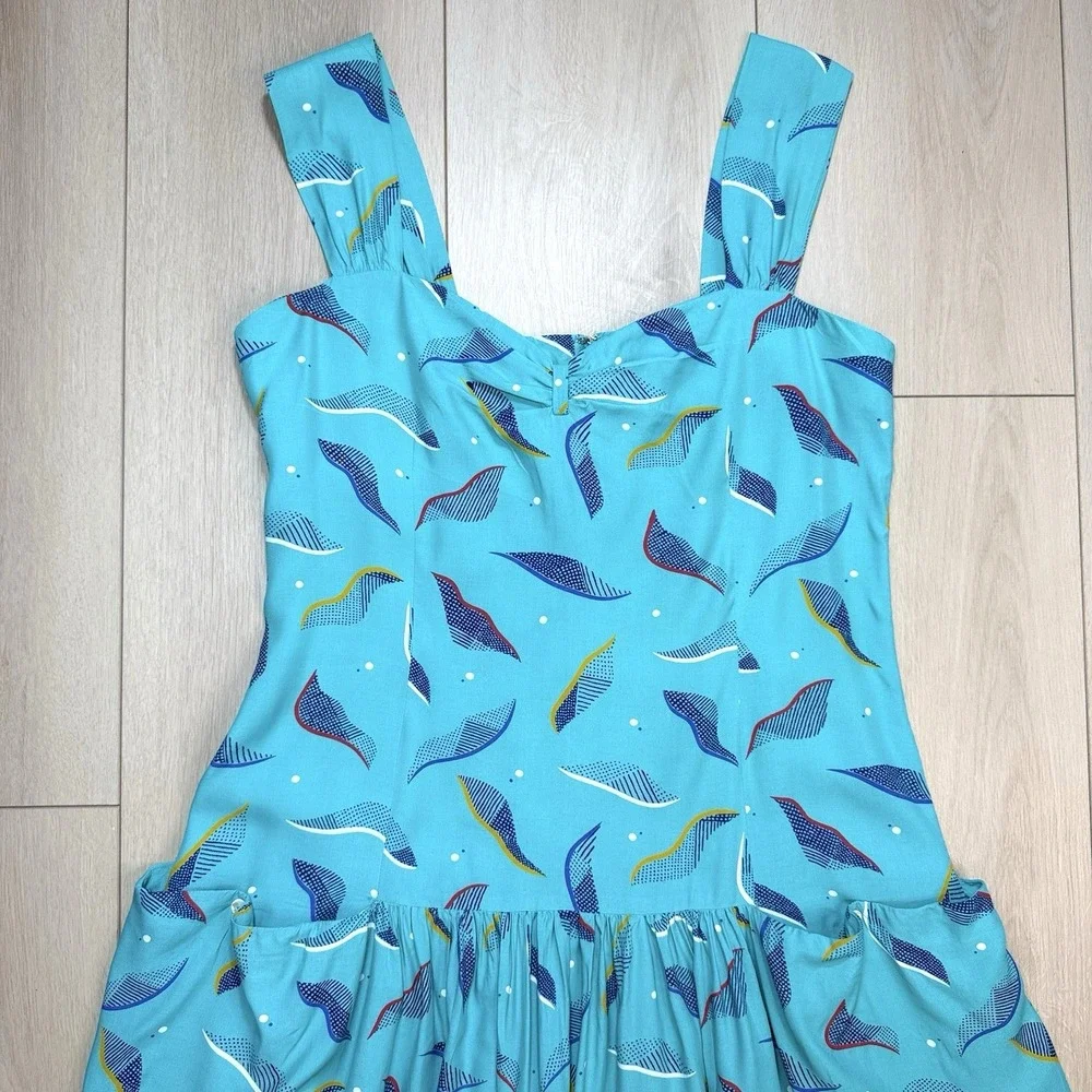 VTG Jones New York Dress Womens 16 Turquoise Abstract Midi Sundress 80s USA MCM!